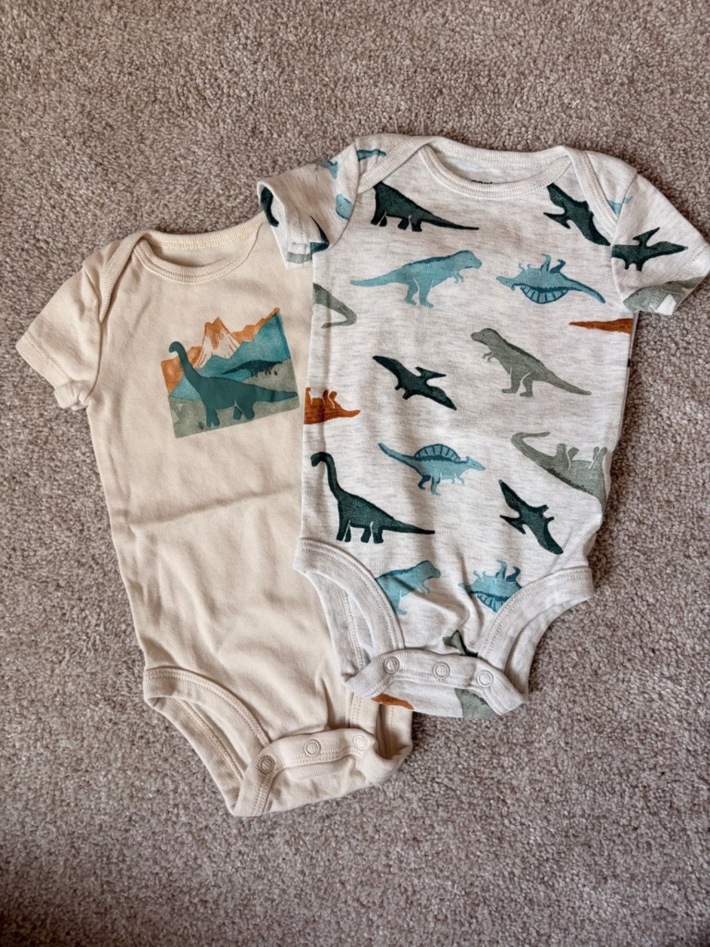 Carter's Neutral & Teal Dinosaur One-Piece Bodysuit Set